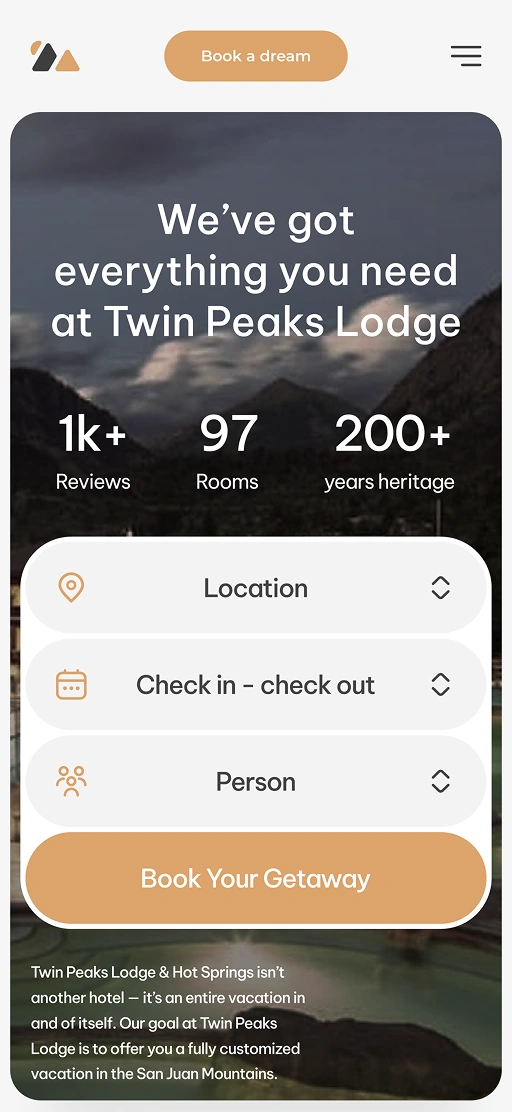 Mobile hotel booking screen with search form and Twin Peaks Lodge hero section