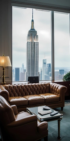 Living room with a leather sofa and a city skyscraper view through a panoramic window