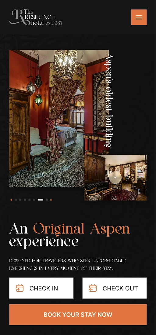 Hero section of The Residence Hotel Aspen website featuring vintage-style interior room, booking options, and check-in check-out controls