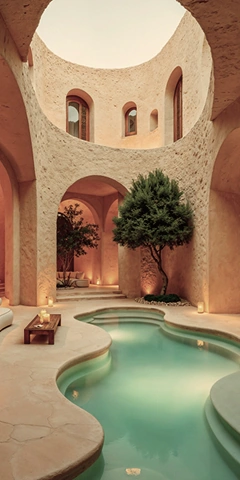 Inner courtyard with a small pool in Mediterranean-style architecture