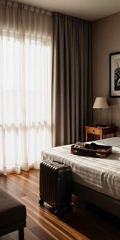 Hotel room with a bed, suitcase, and large window with curtains