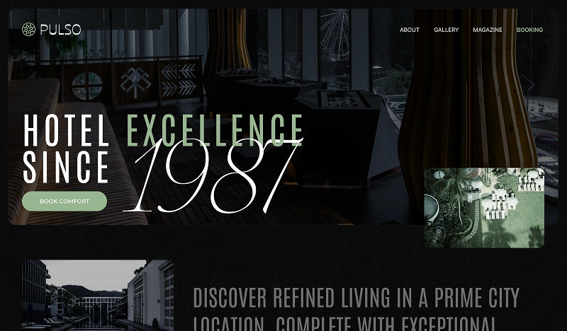 Hotel website hero section with “Hotel Excellence Since 1987” headline and modern interior background