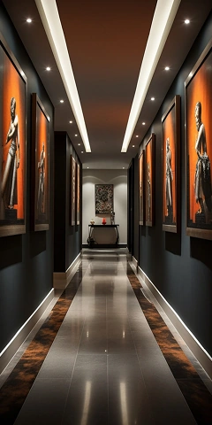 Long hotel hallway with accent lighting and framed artwork on the walls