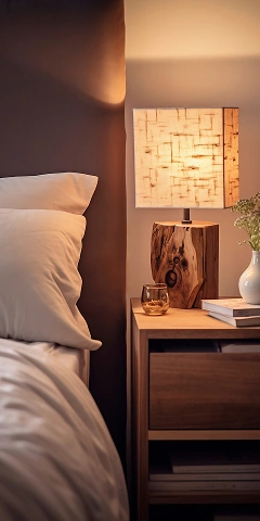 Bedside table with a lamp and books next to a bed in a hotel room
