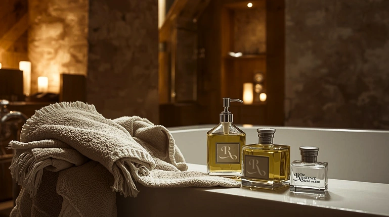 Luxury bathroom scene with bathtub, soft towel, and branded toiletries in a warm hotel interior