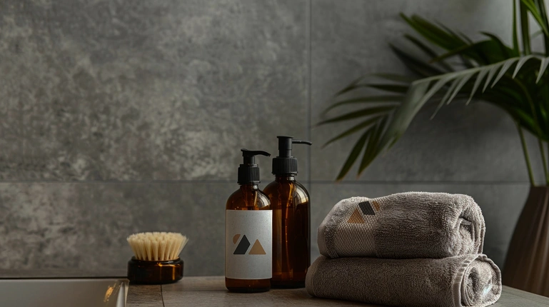 Spa toiletries and folded towels on bathroom counter with Twin Peaks Lodge branding