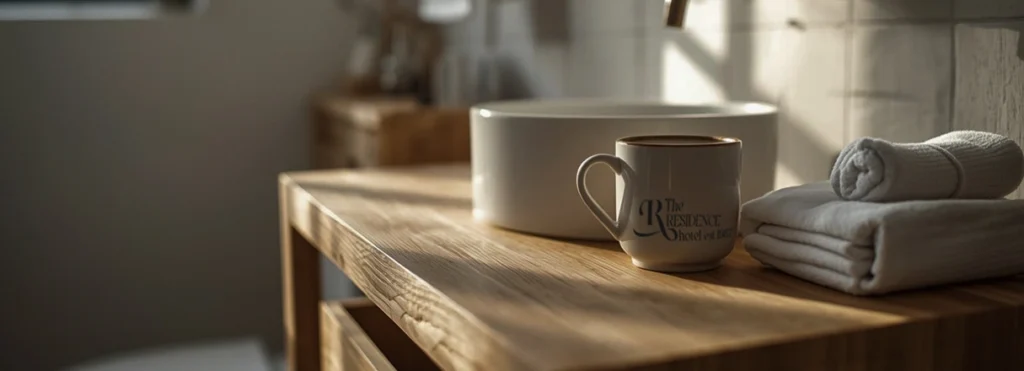 Hotel bathroom countertop with sink, folded towels, and branded mug in warm natural light
