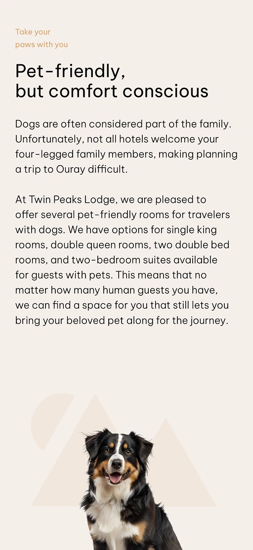 Pet-friendly hotel section with dog and descriptive text about accommodations