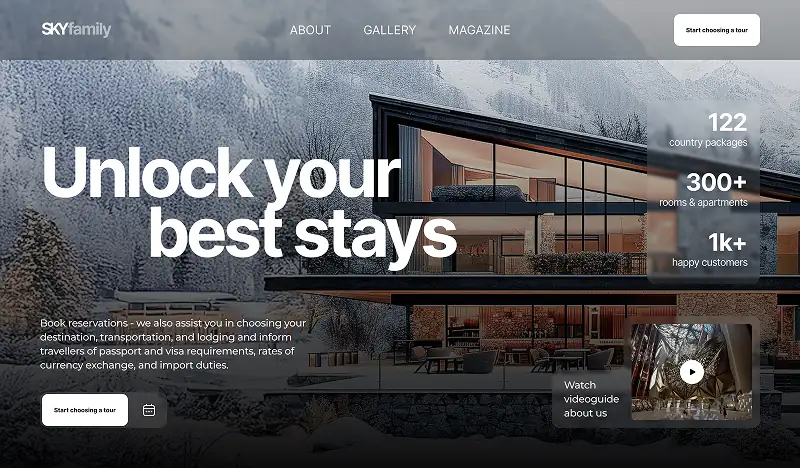 Travel website hero section with modern house in mountains and “Unlock your best stays” headline