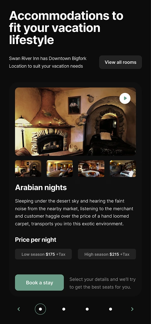 Accommodation section with Arabian Nights room preview, pricing, and booking button