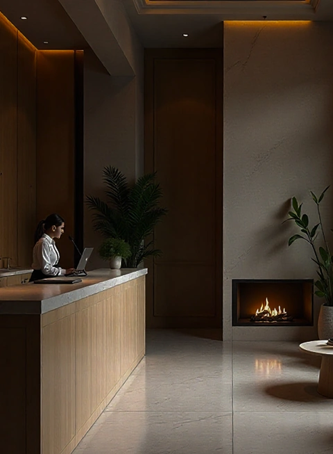 Hotel reception interior with receptionist working at desk and fireplace in modern lobby