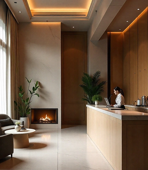 Modern hotel reception desk with a fireplace and a cozy waiting area