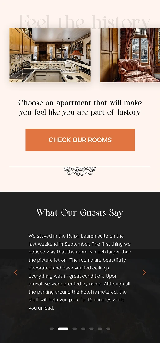 Hotel website section showcasing vintage-style apartment interiors, room selection call-to-action, and guest testimonial slider