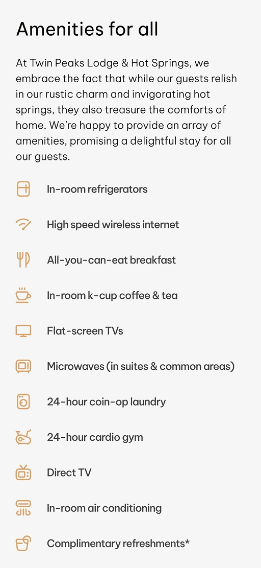 Amenities list section with icons and hotel features at Twin Peaks Lodge