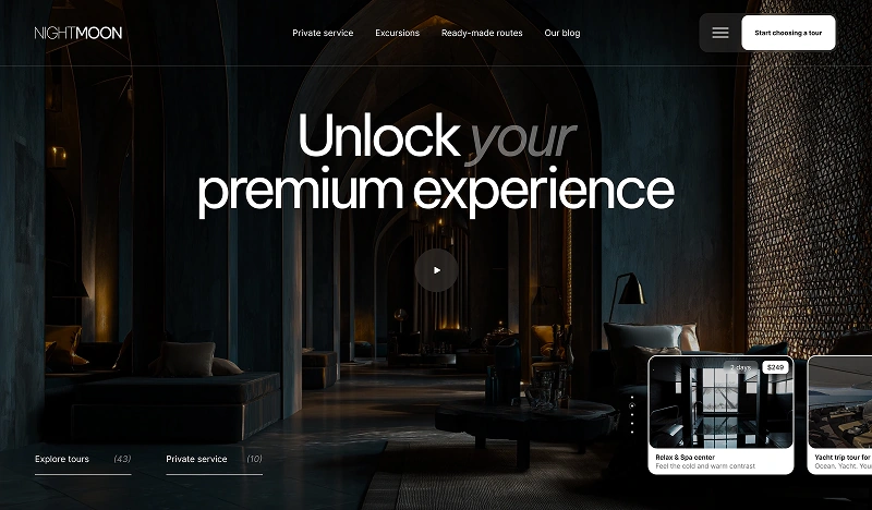 Luxury hotel website hero section with “Unlock your premium experience” headline and dark interior scene