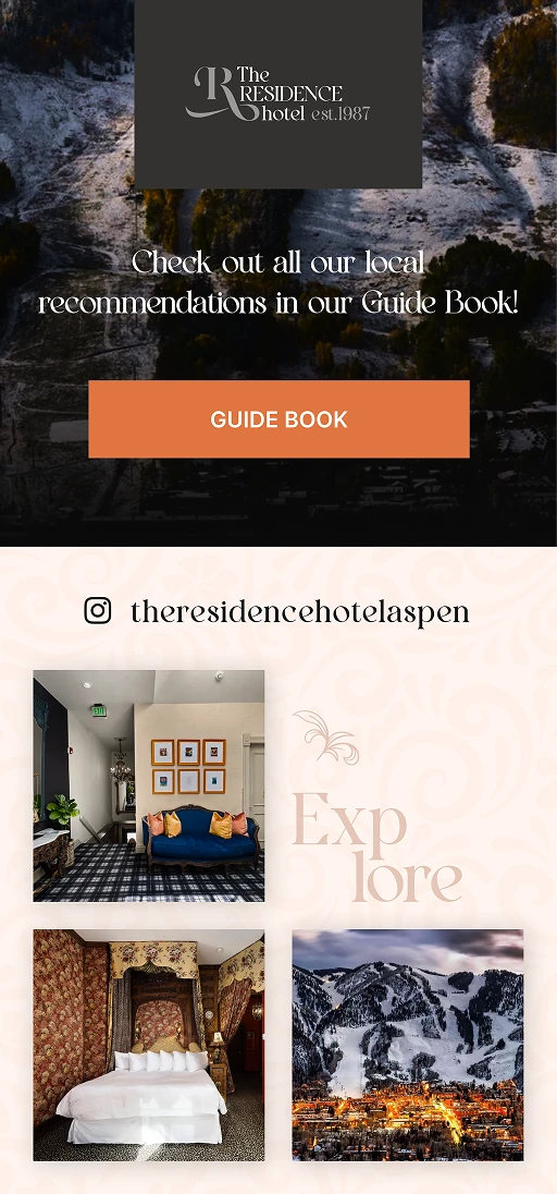 Hotel promotion banner for The Residence Hotel Aspen with mountain background, guide book call-to-action, and Instagram gallery preview