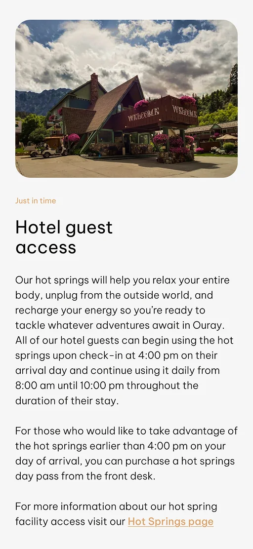 Hotel guest access section with lodge building and information about hot springs usage