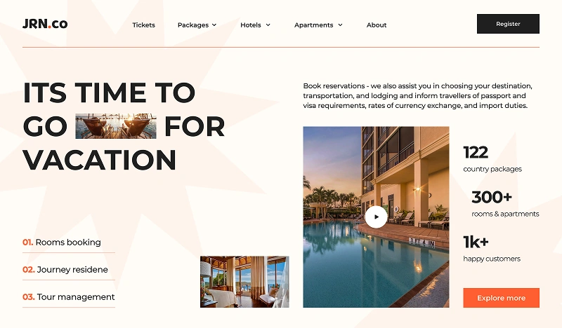Travel website section with “It’s time to go for vacation” headline and hotel pool image