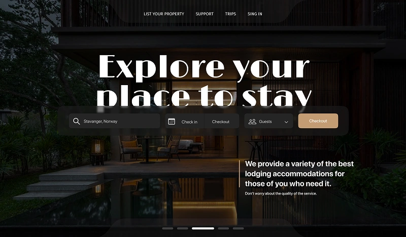 Hotel booking website hero section with search form and “Explore your place to stay” headline