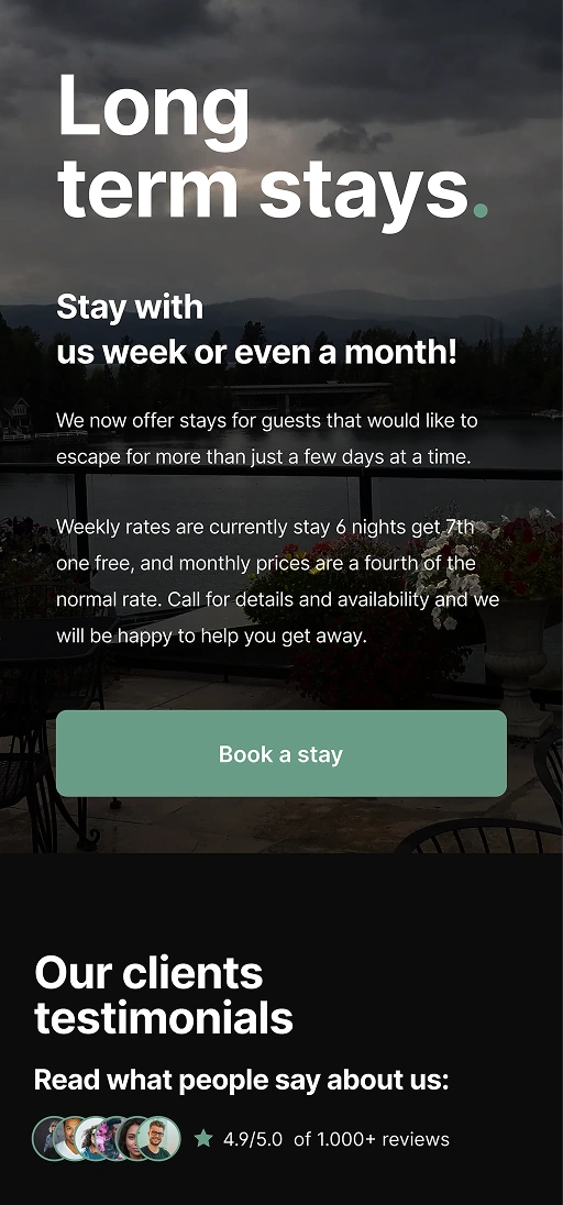 Long-term stays section with offer details and booking call-to-action
