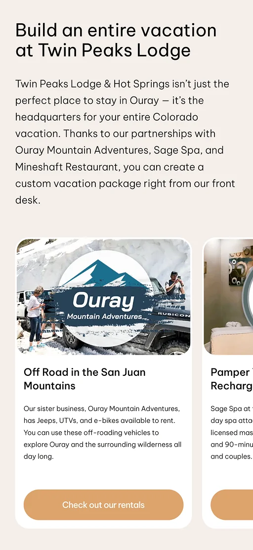Vacation package section with Ouray Mountain Adventures card and travel activity description