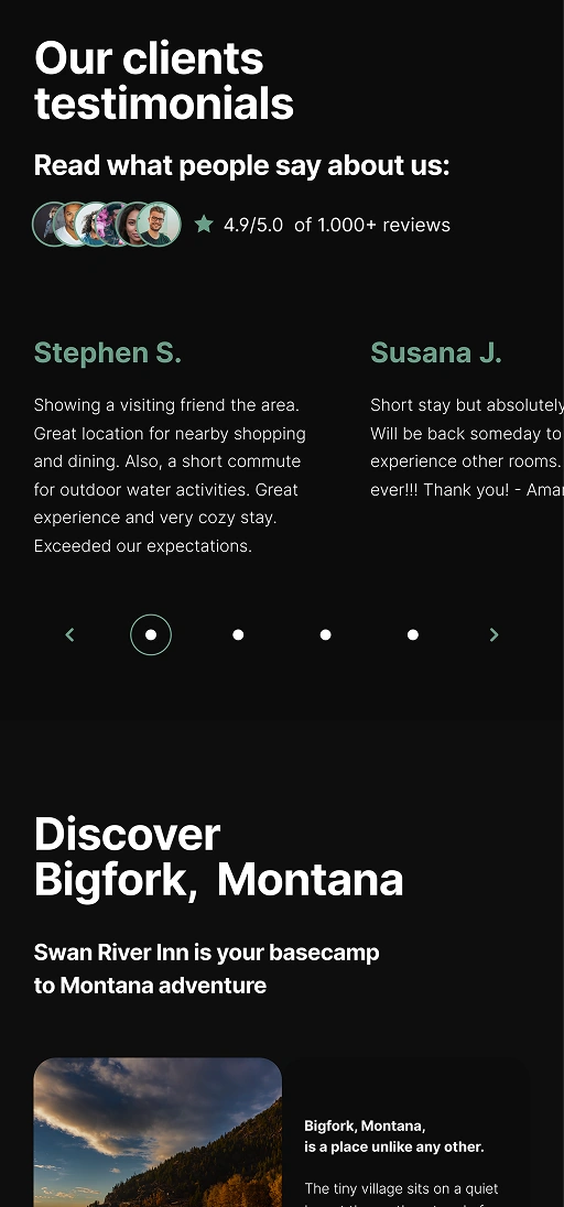 Testimonials section with client reviews and rating, followed by Bigfork, Montana destination section