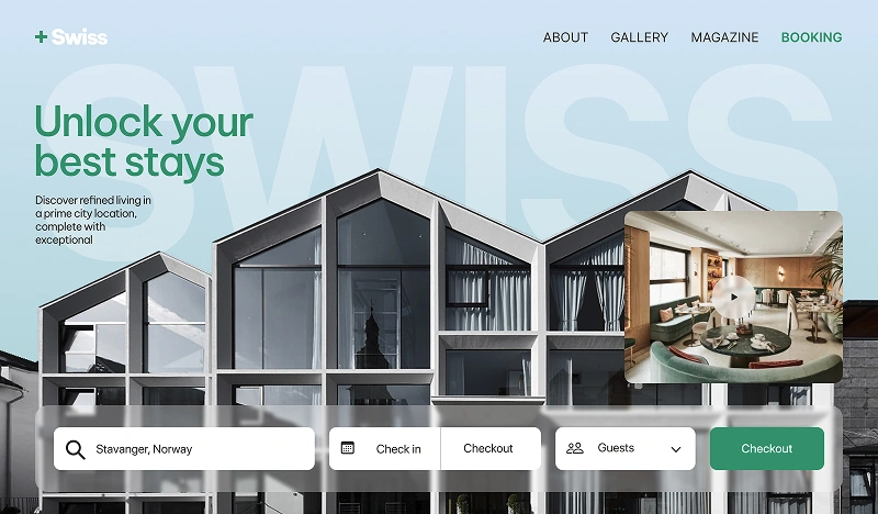 Travel website hero section with modern glass houses and “Unlock your best stays” headline