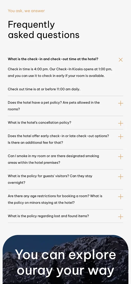 FAQ section with common hotel questions and expandable answers