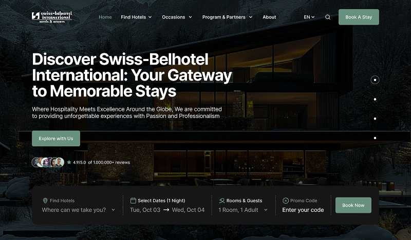 Hotel website hero section with “Discover Swiss-Belhotel International” headline and modern villa at night