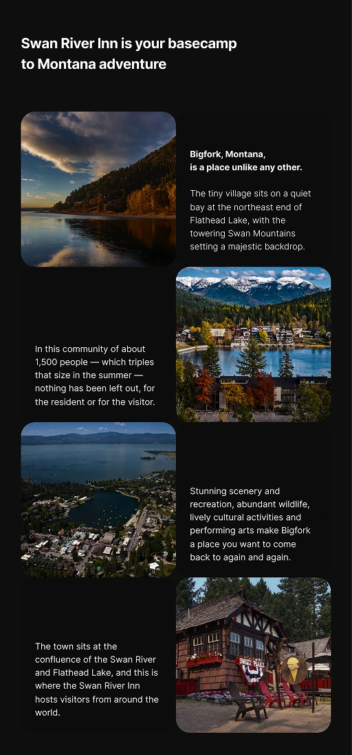 Destination section highlighting Bigfork, Montana with scenic images and location description