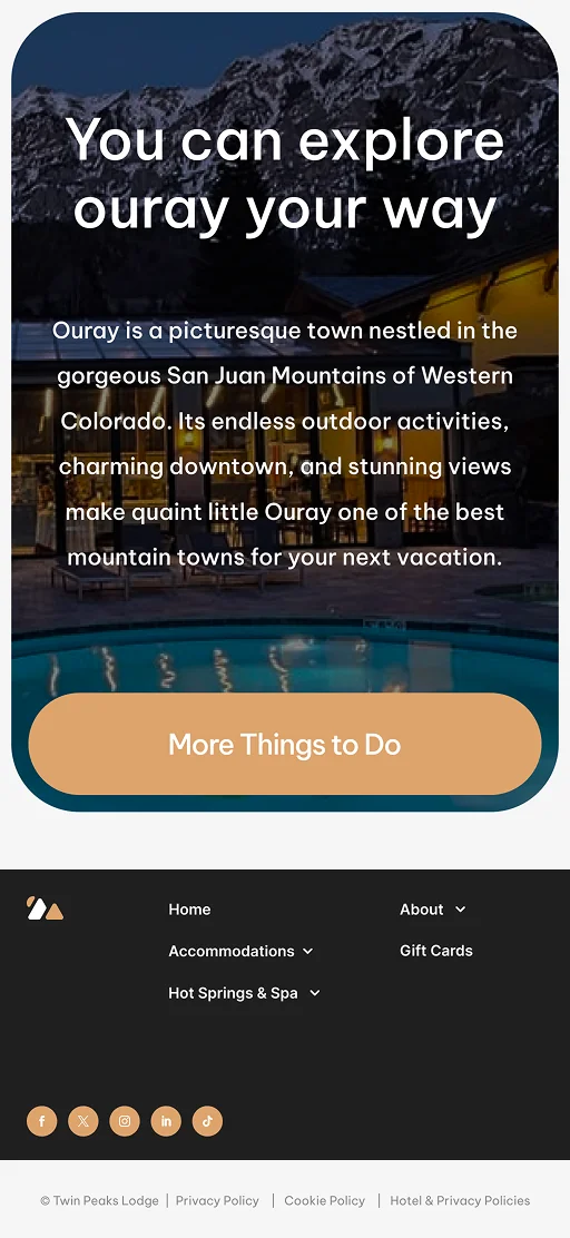Call-to-action section with Ouray mountain resort background and “More Things to Do” button
