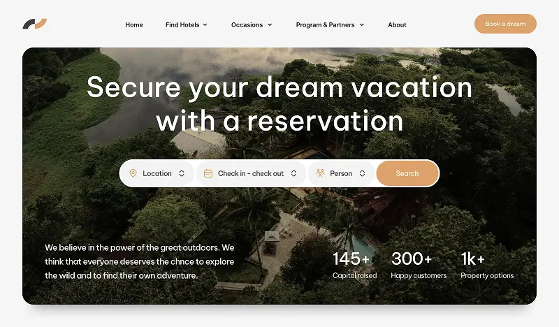 Travel booking website hero section with forest resort aerial view and reservation search form