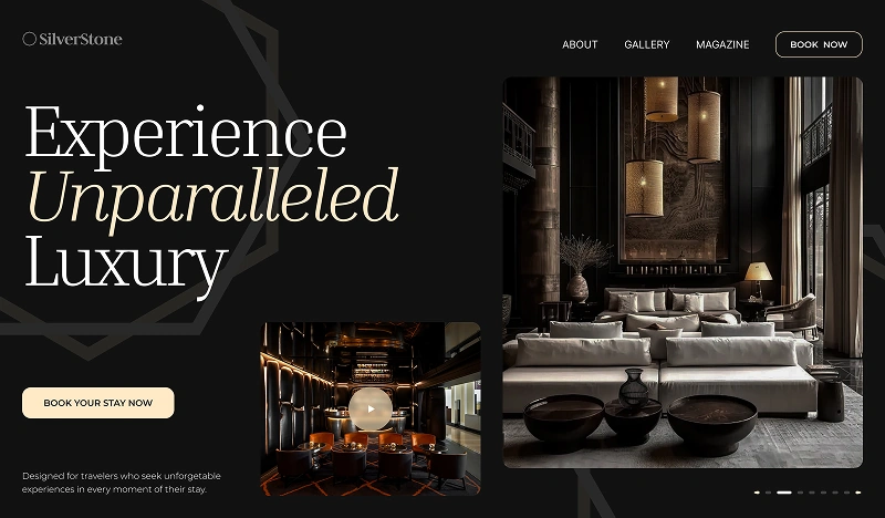Luxury hotel website hero section with elegant interior and “Experience Unparalleled Luxury” headline