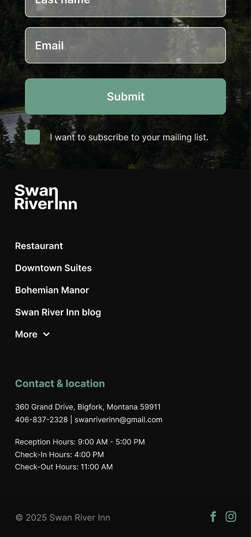 Website footer with Swan River Inn contact details and subscription form