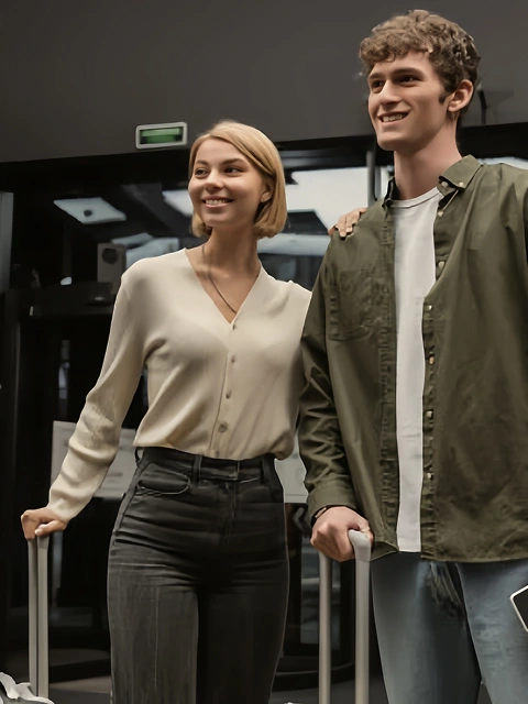 Young couple arriving at hotel with suitcases, smiling at entrance