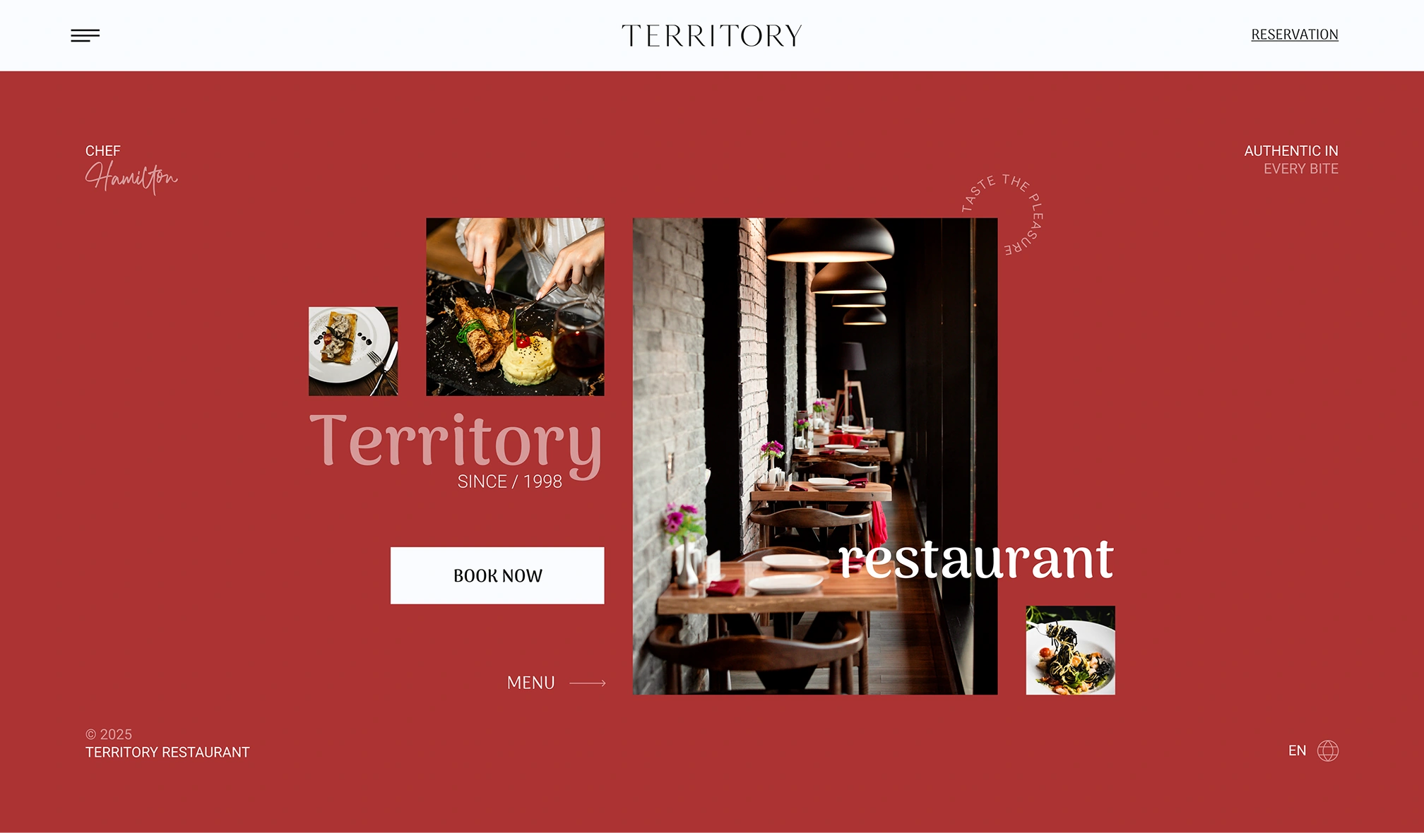 Restaurant website hero section for Territory with interior dining view and booking call-to-action