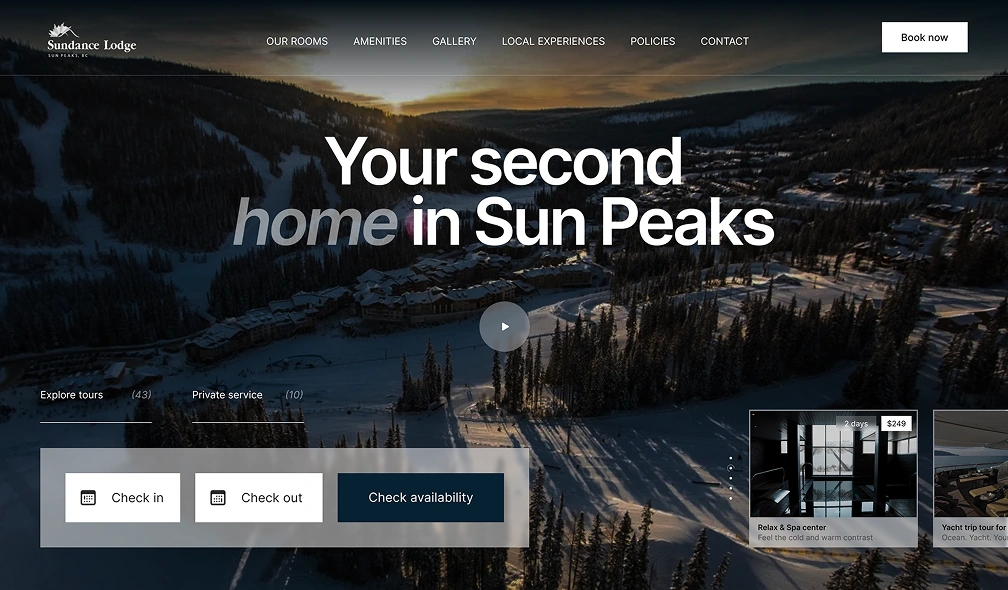 Hotel website hero section with snowy Sun Peaks resort and “Your second home in Sun Peaks” headline