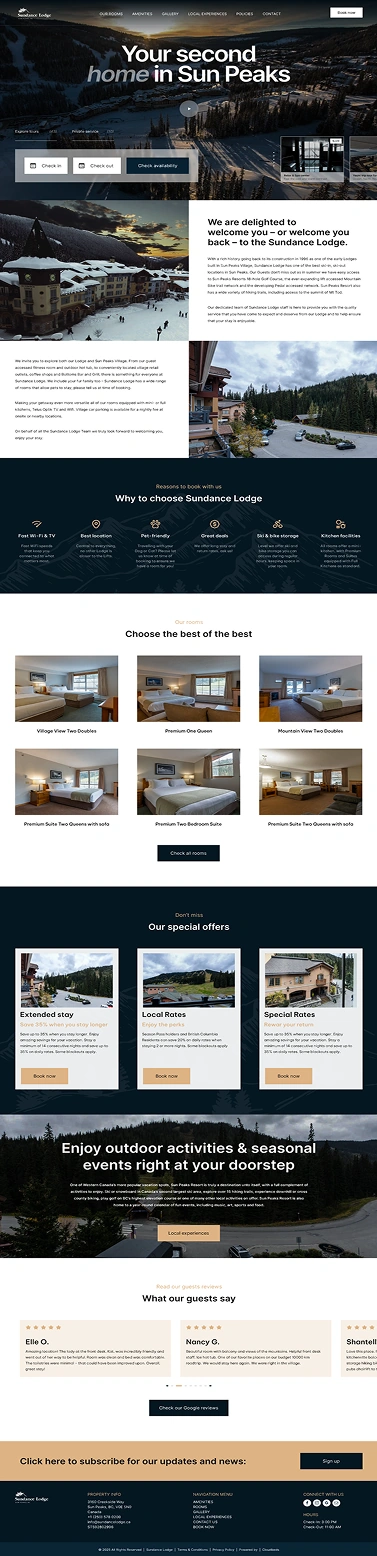 Sundance Lodge website page with hero section, rooms, offers, and guest reviews sections