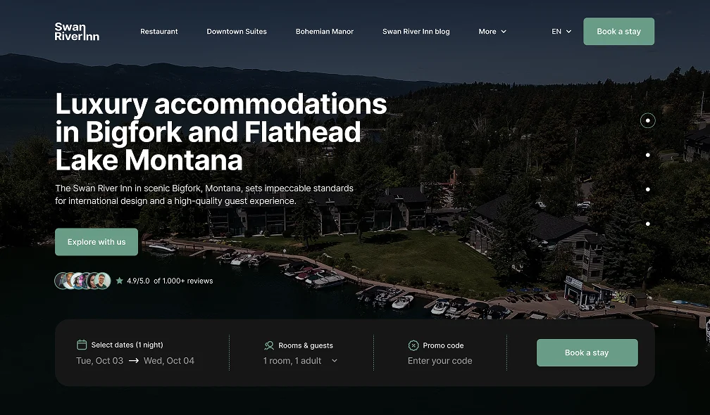Hotel website hero section for Swan River Inn with lakeside view and booking form