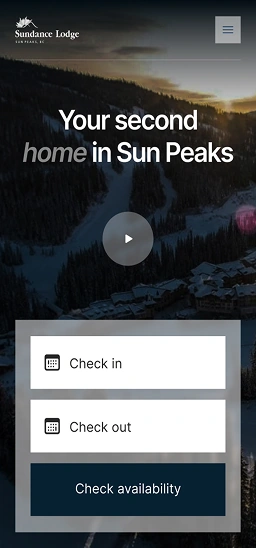 Mobile hotel booking hero section with check-in form and Sun Peaks mountain background