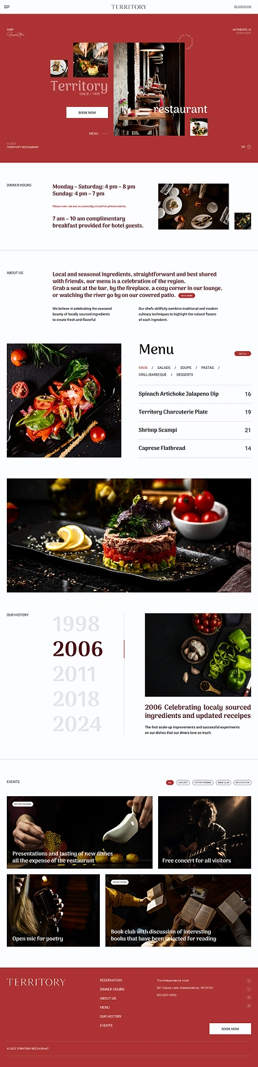 Full restaurant website page for Territory featuring hero, menu, events, and brand storytelling sections