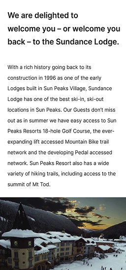 Welcome section for Sundance Lodge with resort description and snowy village image