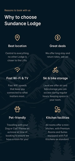 Reasons to choose Sundance Lodge section with amenities icons and benefits list