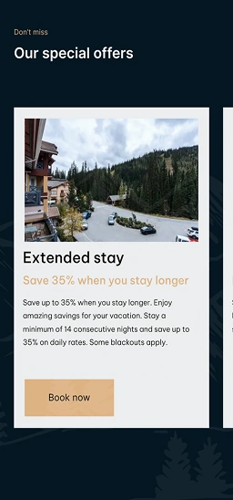 Special offer card for extended stay with discount and booking button