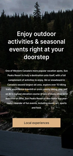 Call-to-action section with forest landscape and “Local experiences” button
