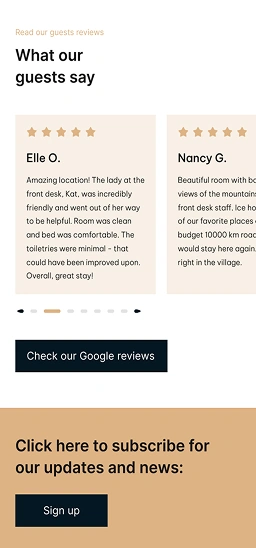 Guest reviews section with testimonials and subscription call-to-action