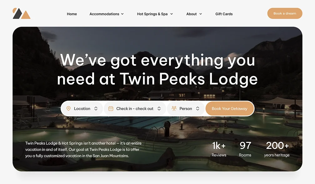 Hotel website hero section for Twin Peaks Lodge with mountain resort background and booking form