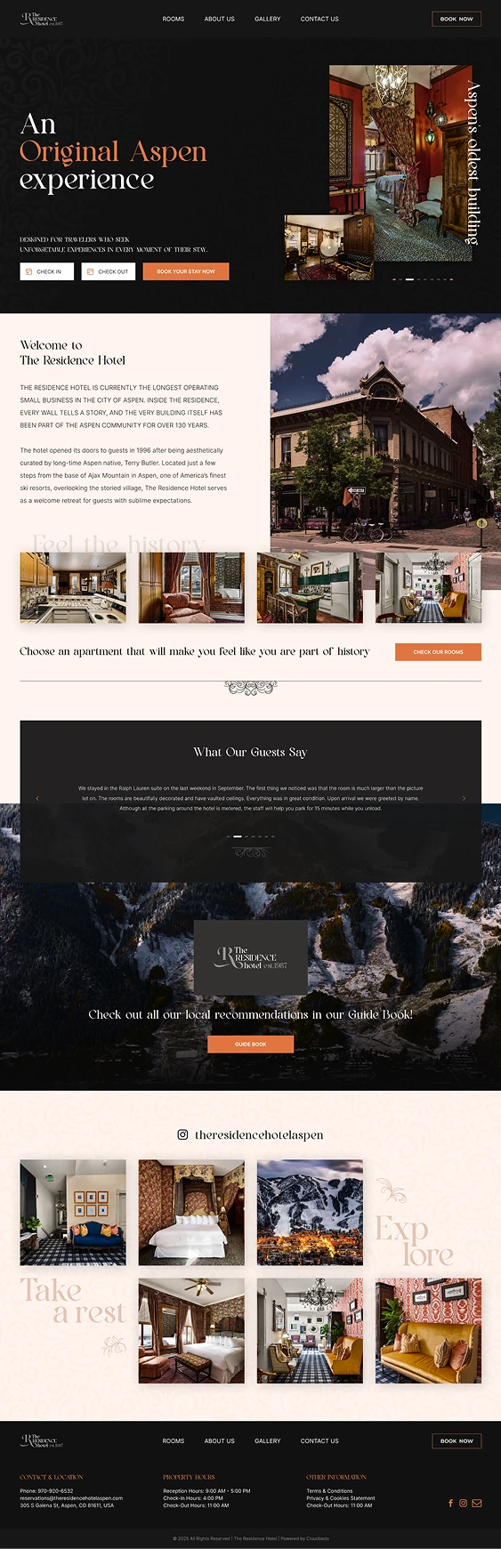 Full homepage design for The Residence Hotel featuring hero section, brand storytelling, accommodations preview, testimonials, guidebook CTA, and image-driven gallery layout