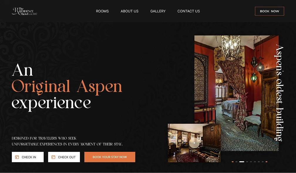 Hotel website hero section for The Residence featuring luxury interior visuals, booking actions, and elegant typography