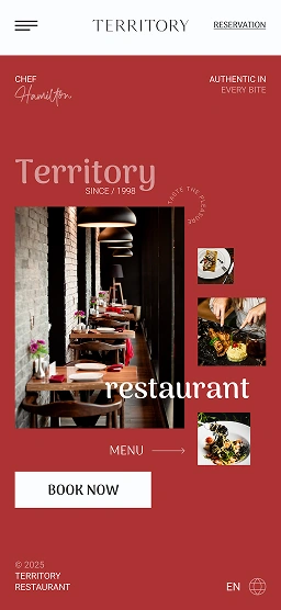 Mobile restaurant hero screen for Territory with bold typography, collage imagery, and primary booking CTA